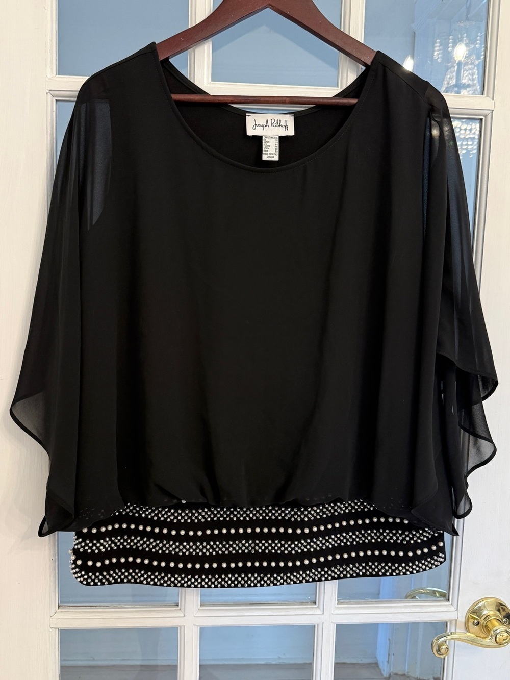 JOSEPH RIBKOFF Women's Black Sheer Sleeve Beaded Pearl Embellished Waist Top